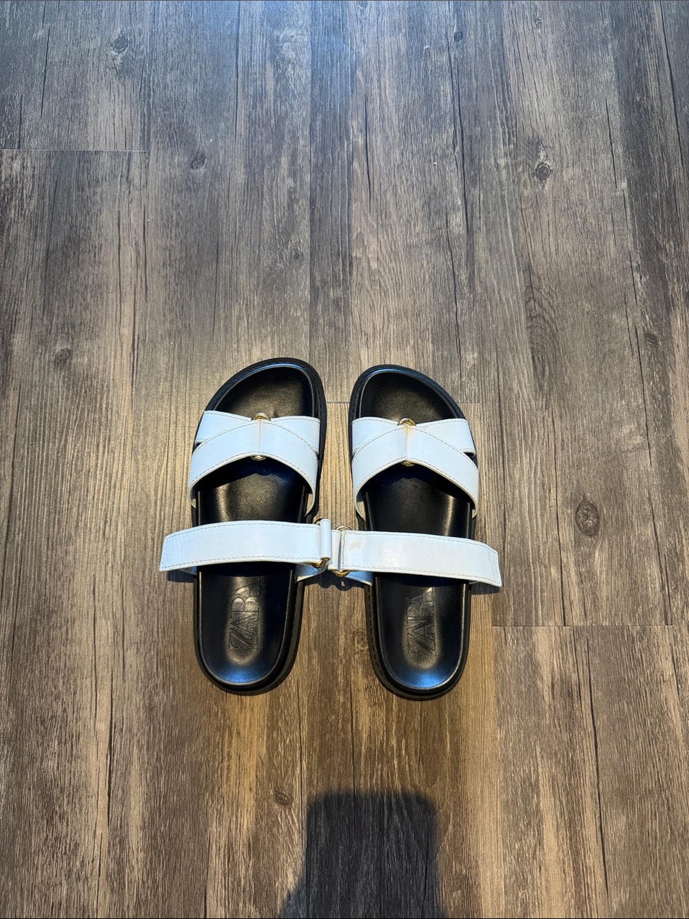 Zara White and Black Double-Strap Slide Sandals